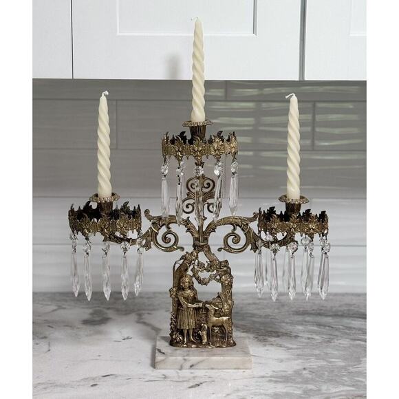Antique Victorian Brass And Marble 3-Arm Candelabra Large